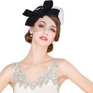 Wool Felt Fascinators Wedding Hat for Women Veil Bowknot Tea Party Dress